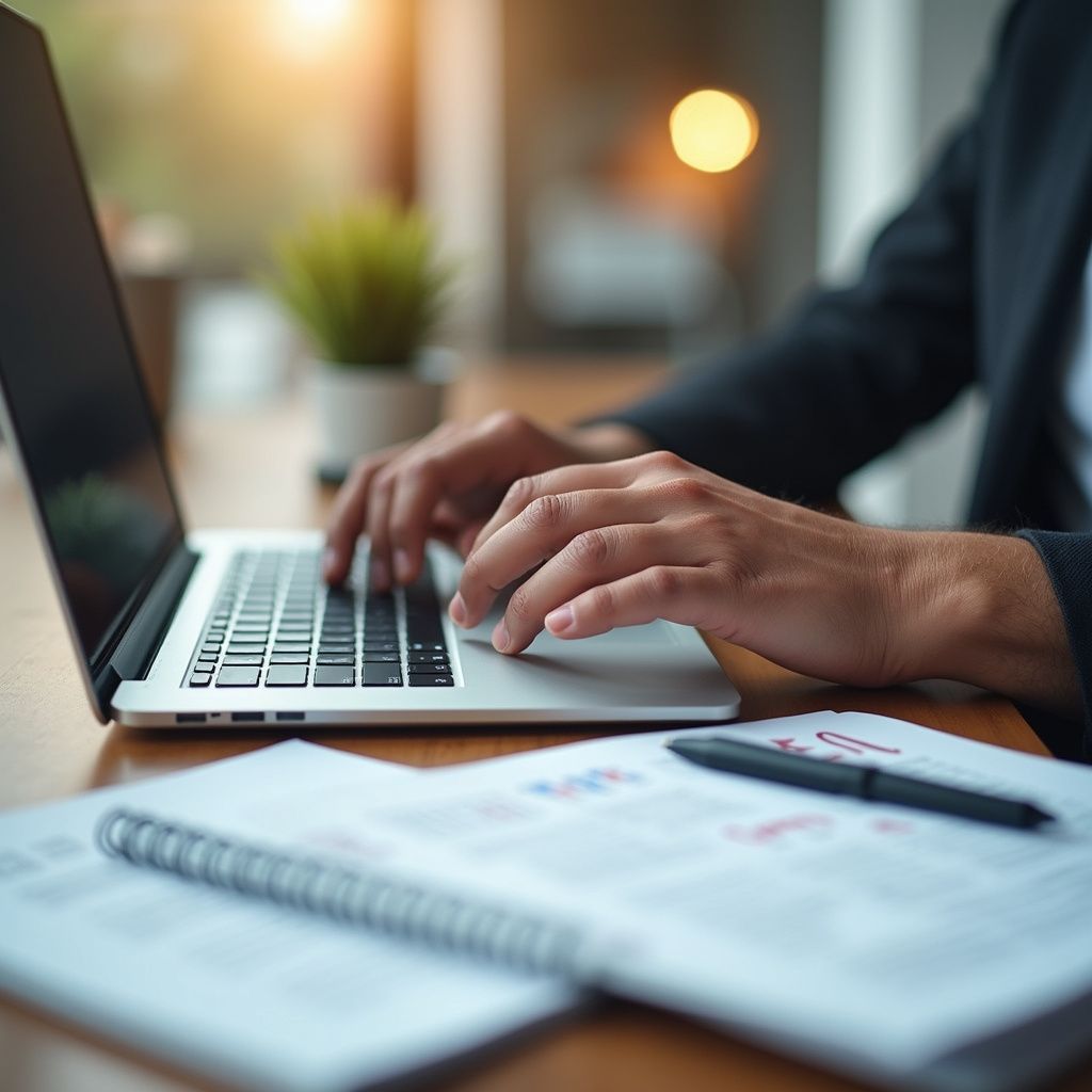 Person typing on laptop, working at a desk with papers and a pen; indoor, natural light.