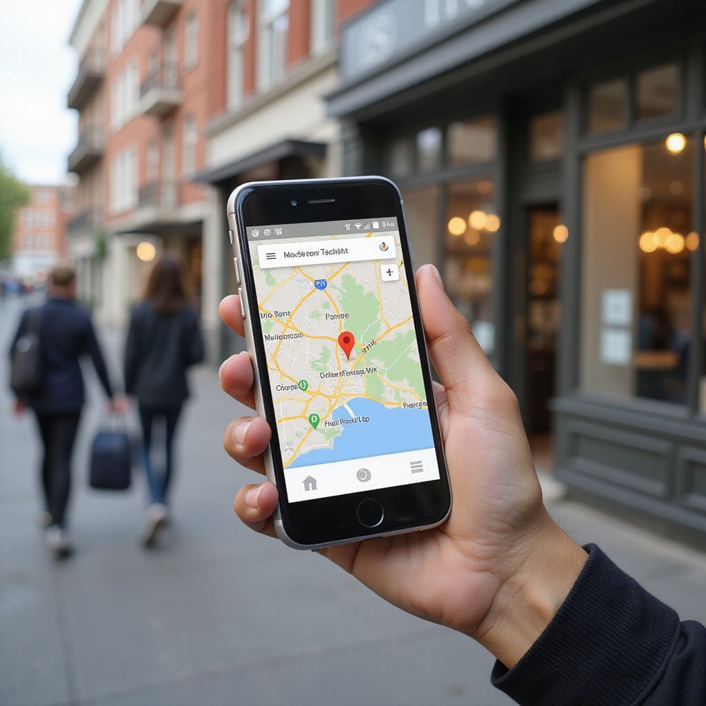 Hand holding a phone displaying a map with a red marker, on a street with blurred people and shops.