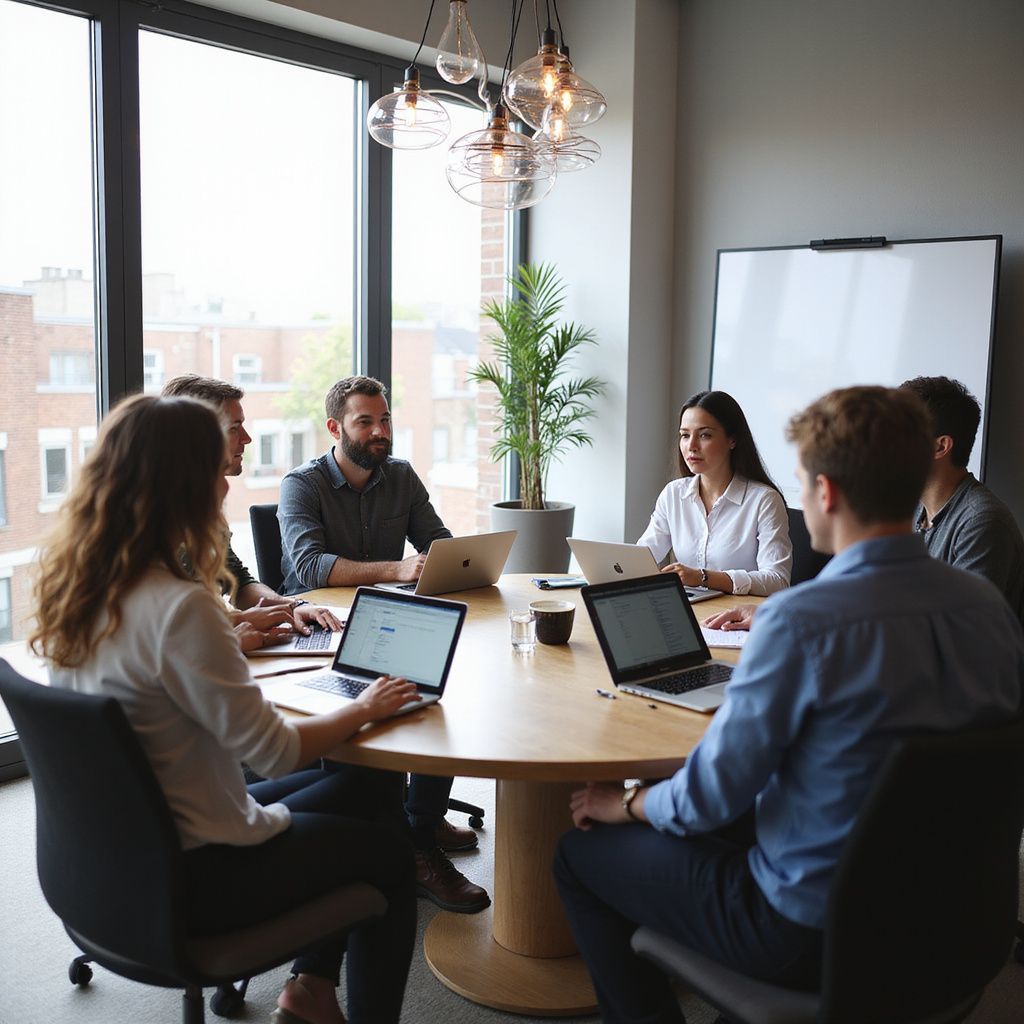 A group of six people in a meeting, using laptops around a circular table in an office setting.