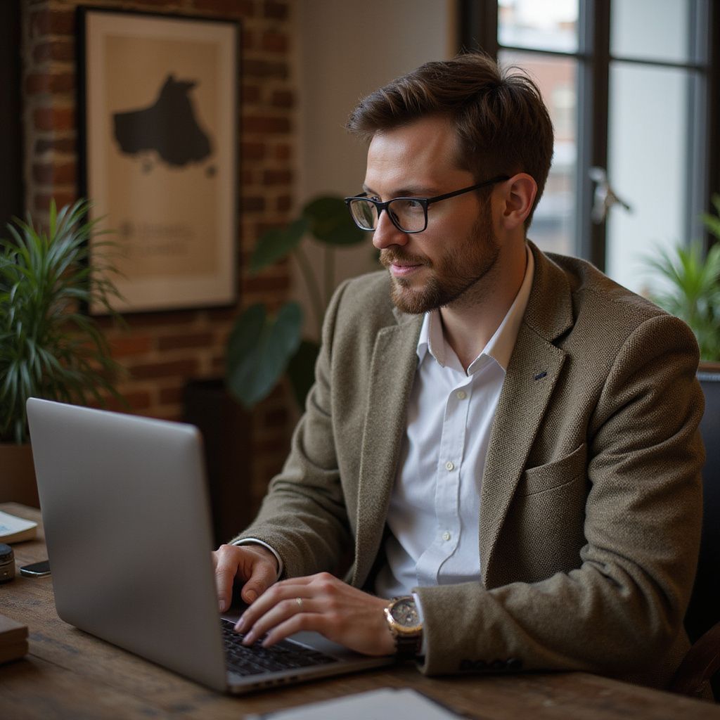 Man in glasses and blazer working on laptop in a well-lit office setting.