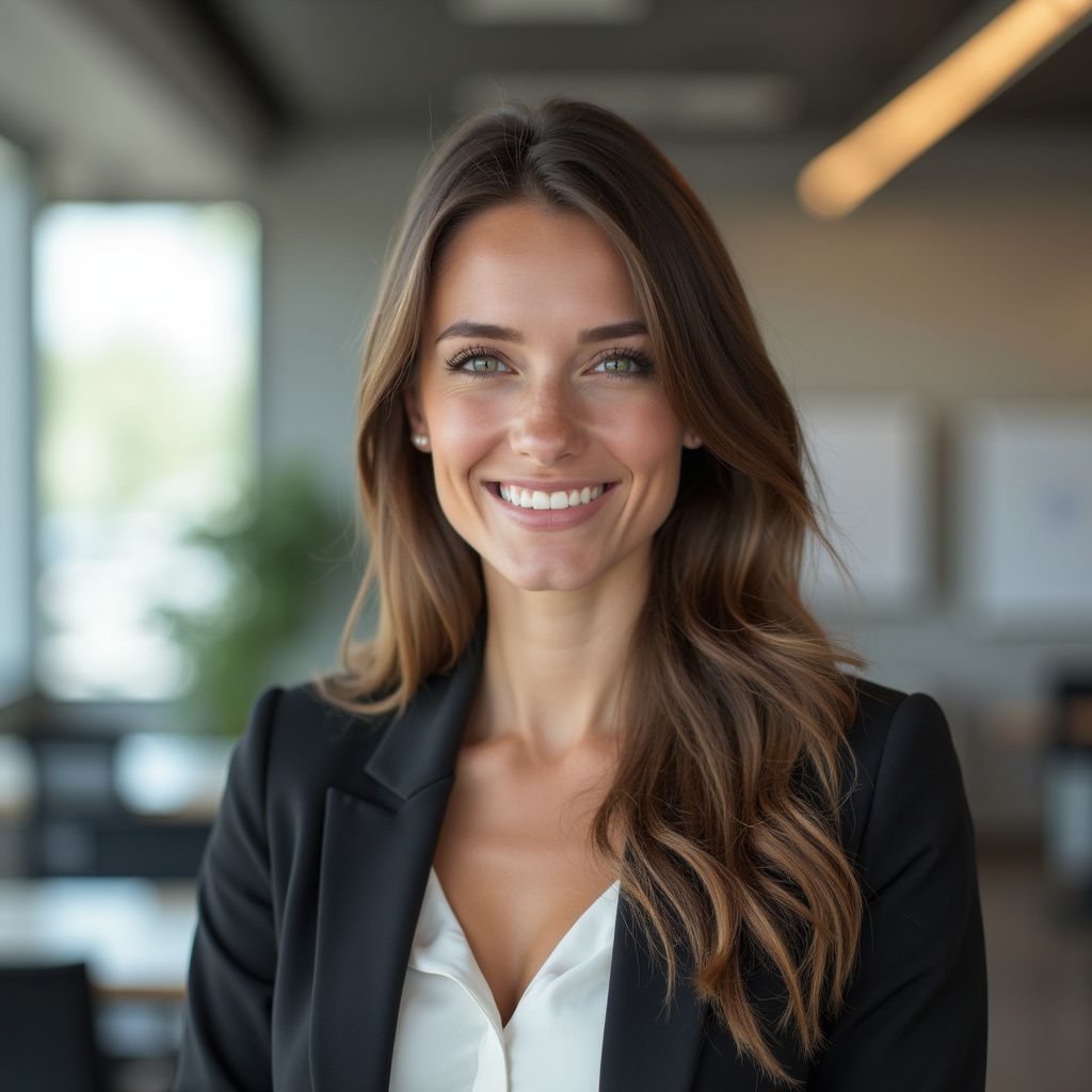 Woman in black blazer and white shirt smiles in office setting.