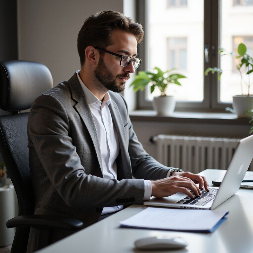 Man in suit, glasses, typing on laptop at a desk in an office.