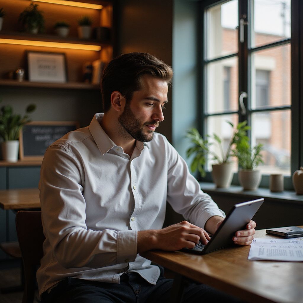 Man sits at a table, typing on a tablet. He is smiling, near a window, indoor plants.