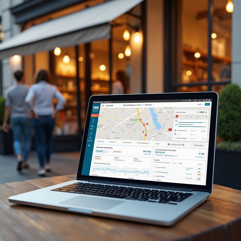 Laptop displaying data on outdoor table with blurred people and storefront in the background.