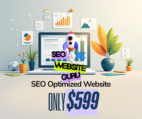 Laptop with rocket graphic promoting SEO services for $599. Charts and plants surround.