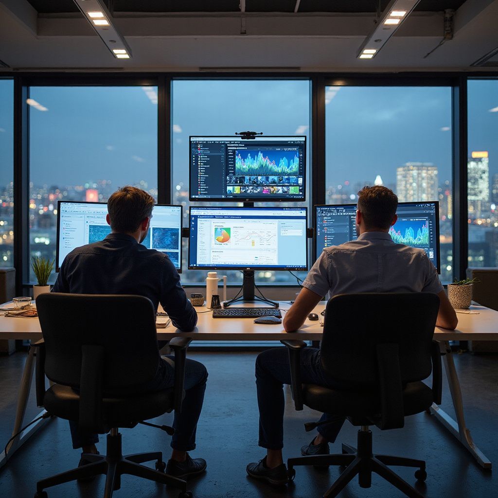 Two people working at computers in an office overlooking a city at dusk.