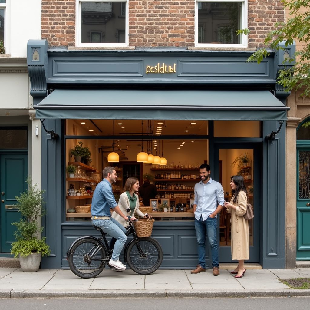 People outside a shop with blue facade. One on a bicycle.