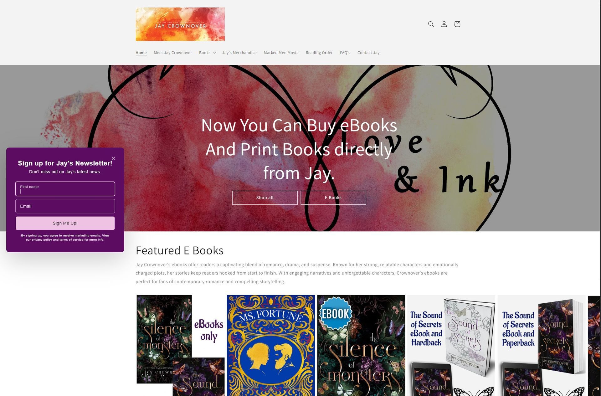 Website homepage: features eBooks and print books from Jay & Ink.