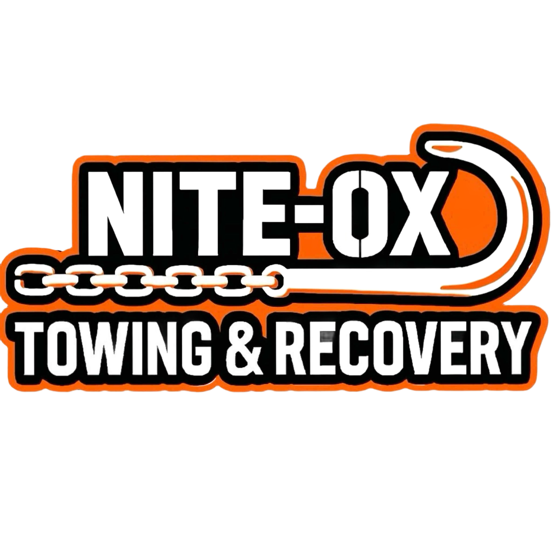 NITE-OX Towing & Recovery logo with orange tow hook, chain, and text on a white and orange background.