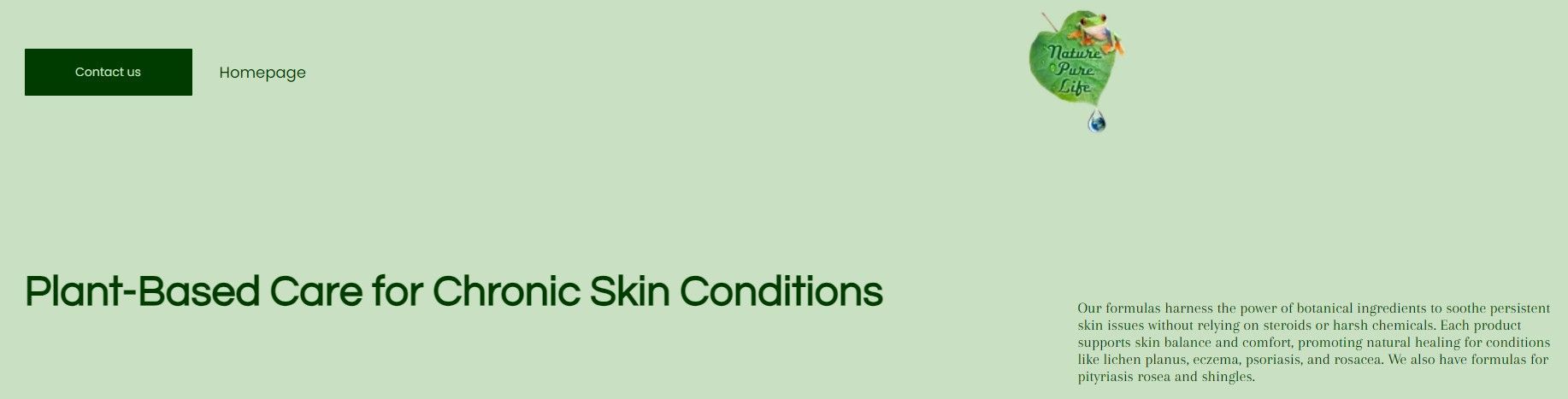Plant-Based Care for Chronic Skin Conditions. Green background, text, and illustration of a green plant.