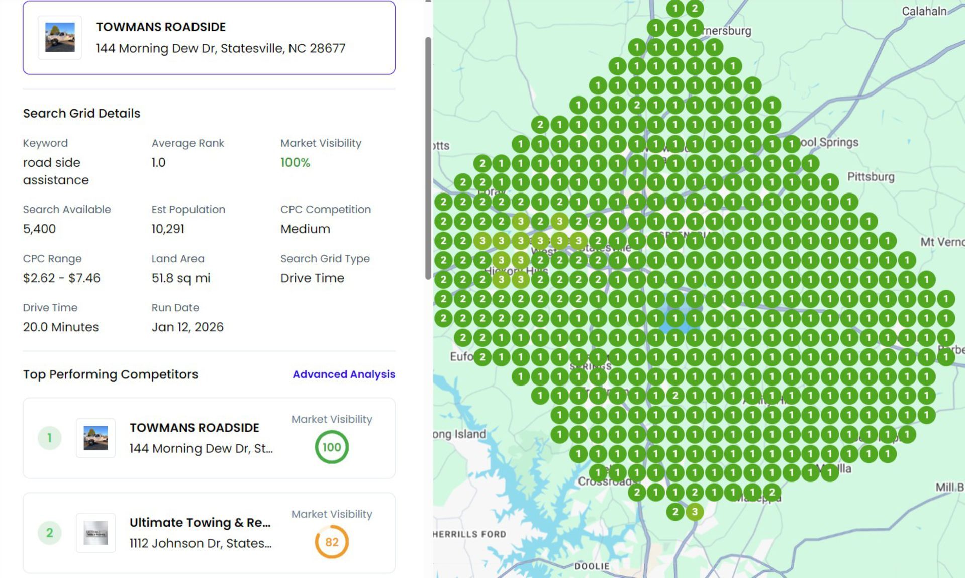 Map with green circles overlaid on a geographic area, accompanying information panel on the left.
