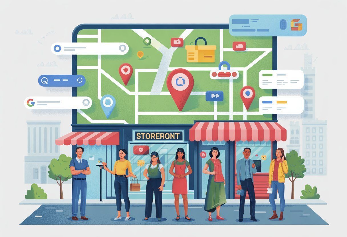 People outside a storefront with a map overlay on a tablet, representing local business and online presence.