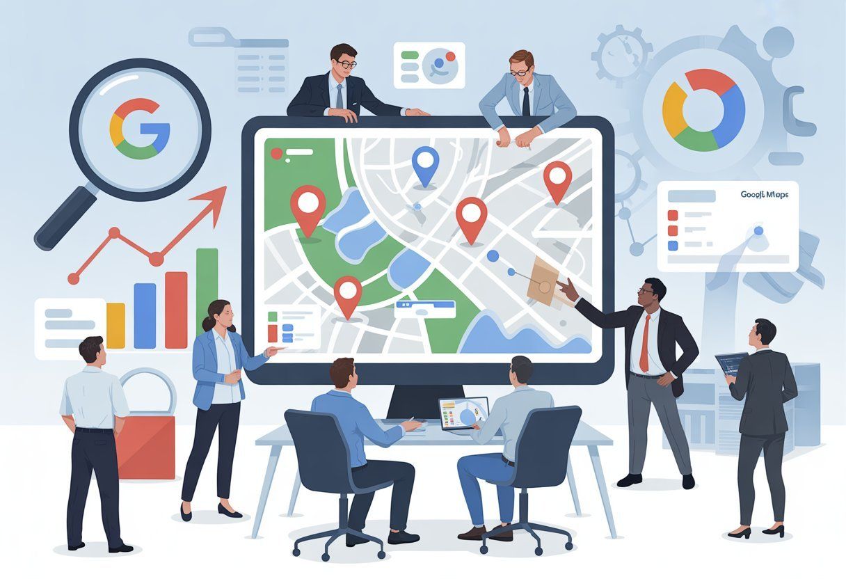 Team of professionals analyzing a map on a computer screen, with charts and Google logo, for location-based marketing.