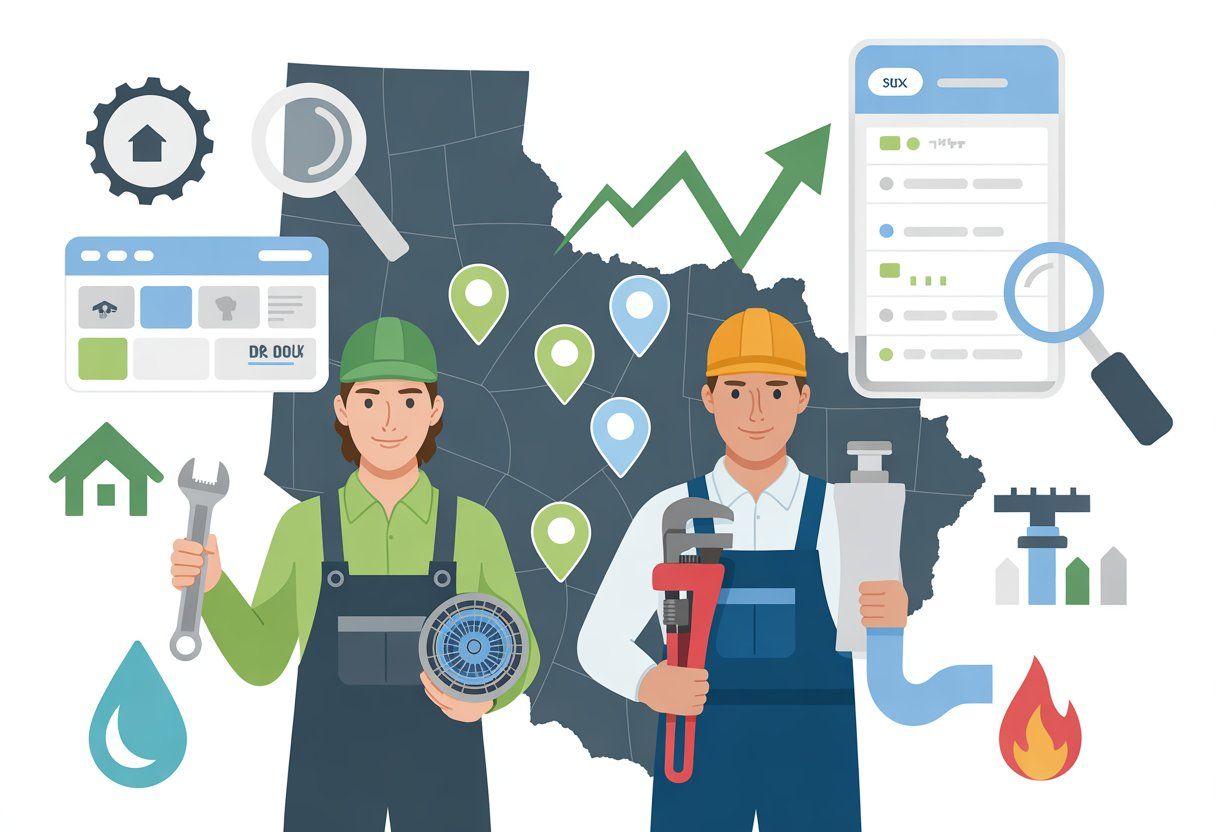 Two plumbers with tools, a map with pins, and business growth charts.