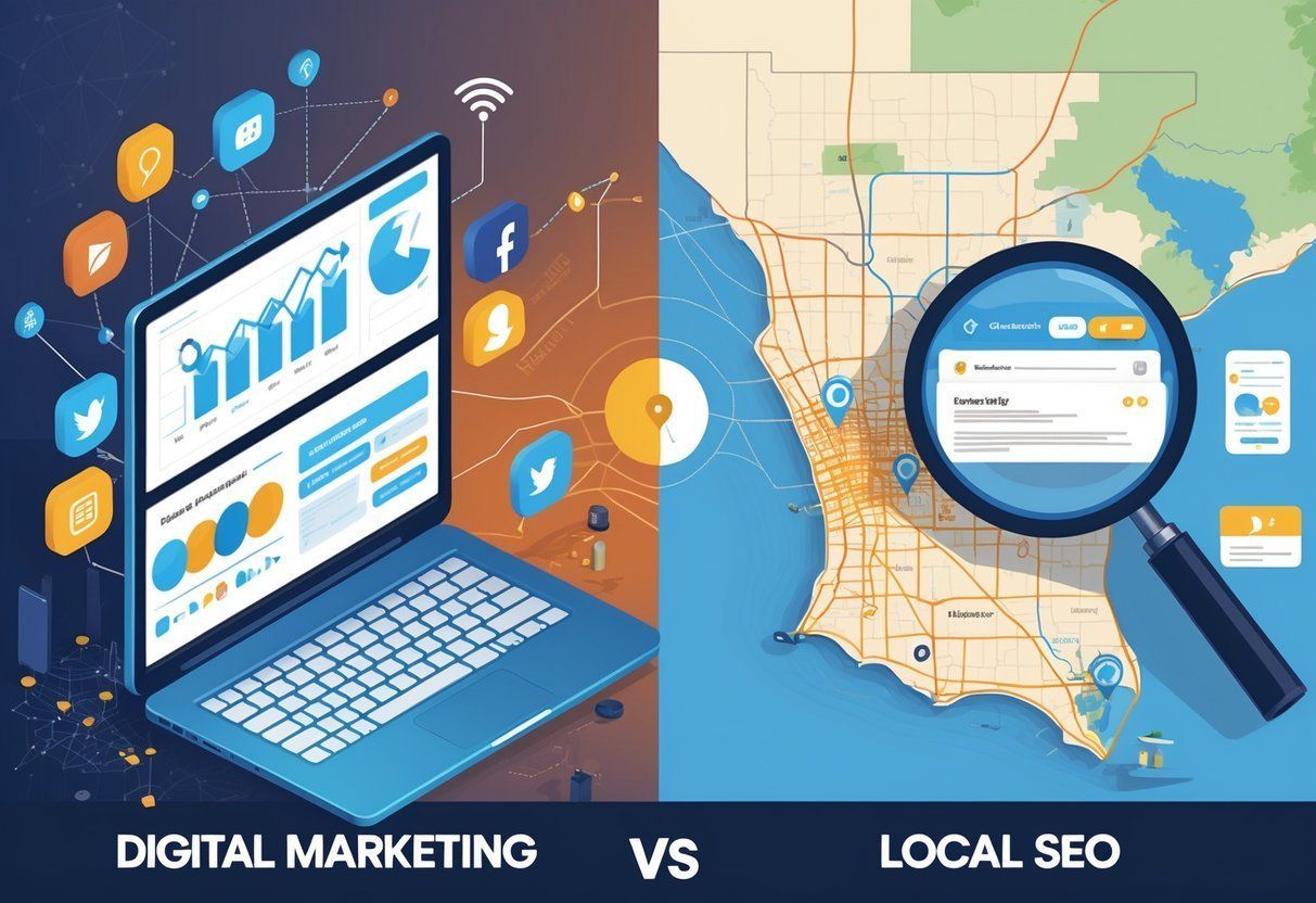 A split image: a laptop displaying digital analytics on the left and a magnifying glass over a local map on the right.