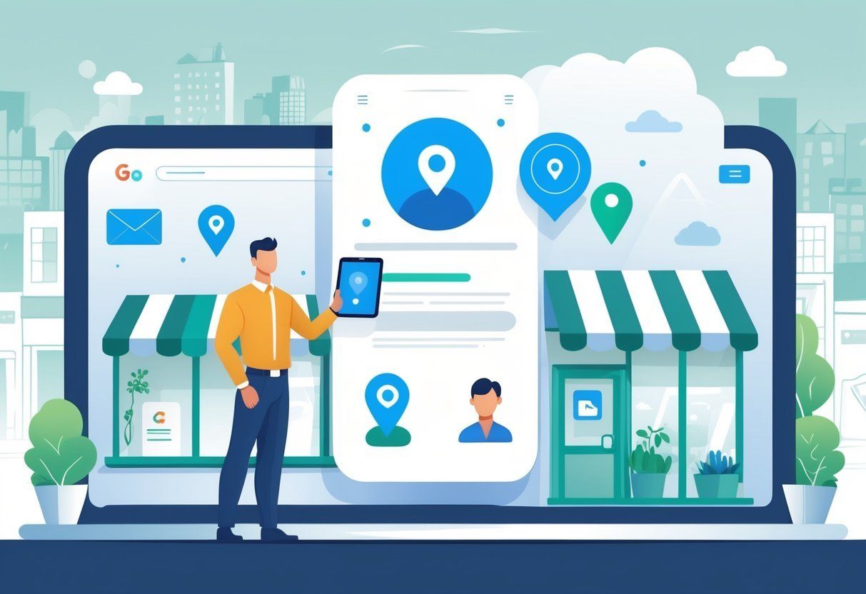 Man with tablet in front of a store, integrated with digital location data on phone and laptop, indicating a service.