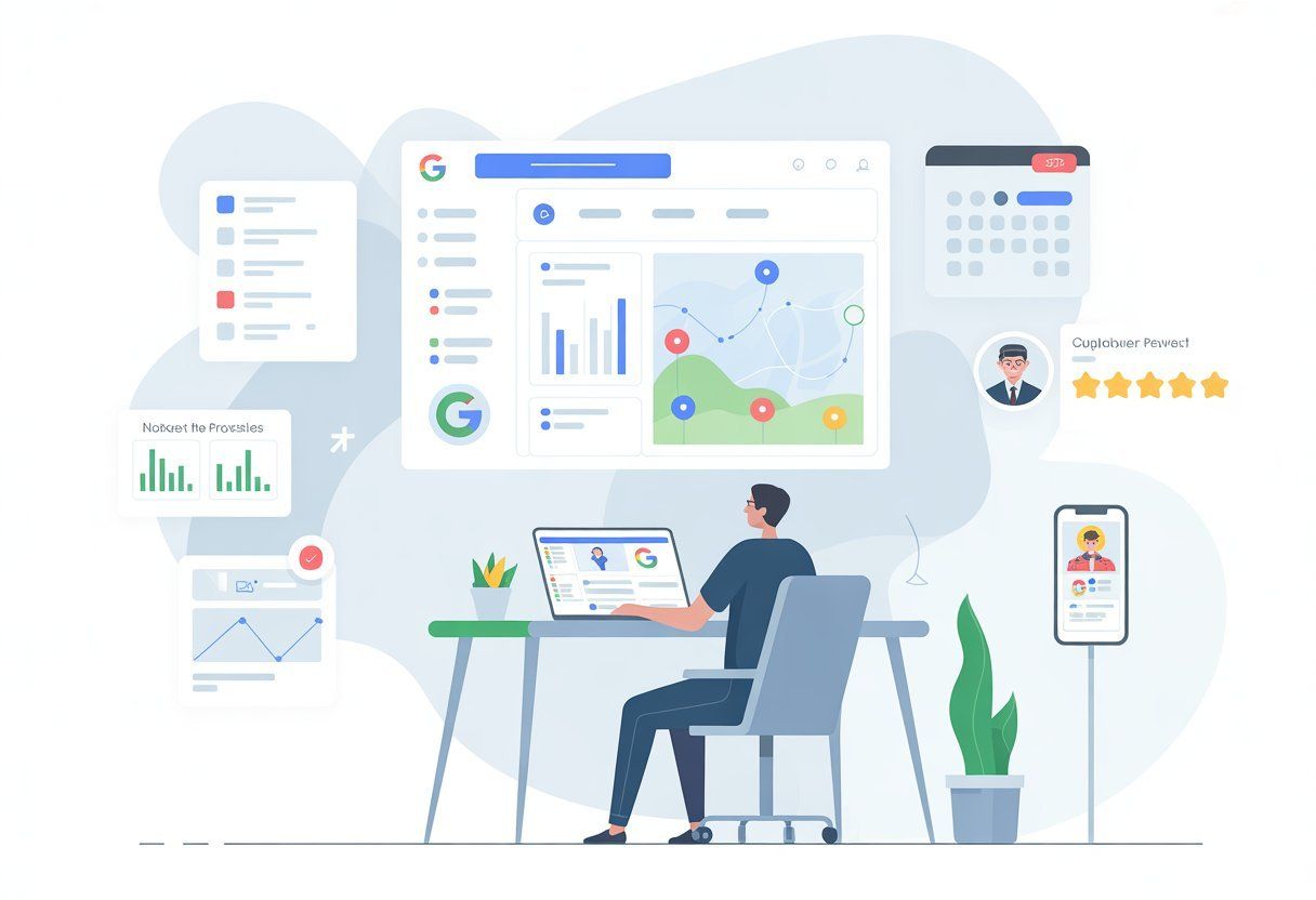 Man at desk using Google interface, viewing charts, with calendar, phone, and plant.
