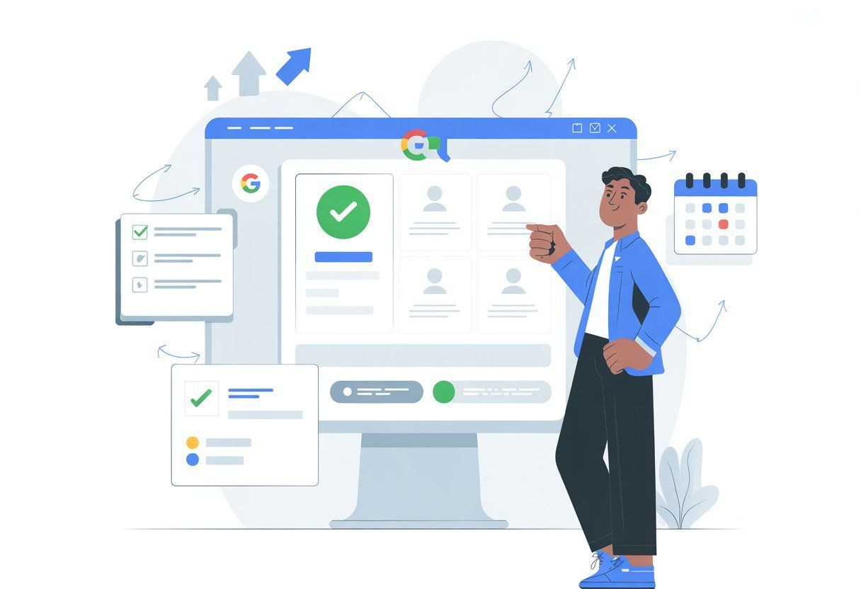 A business owner standing next to a computer screen showing a Google Business Profile dashboard with icons representing verification and next steps.
