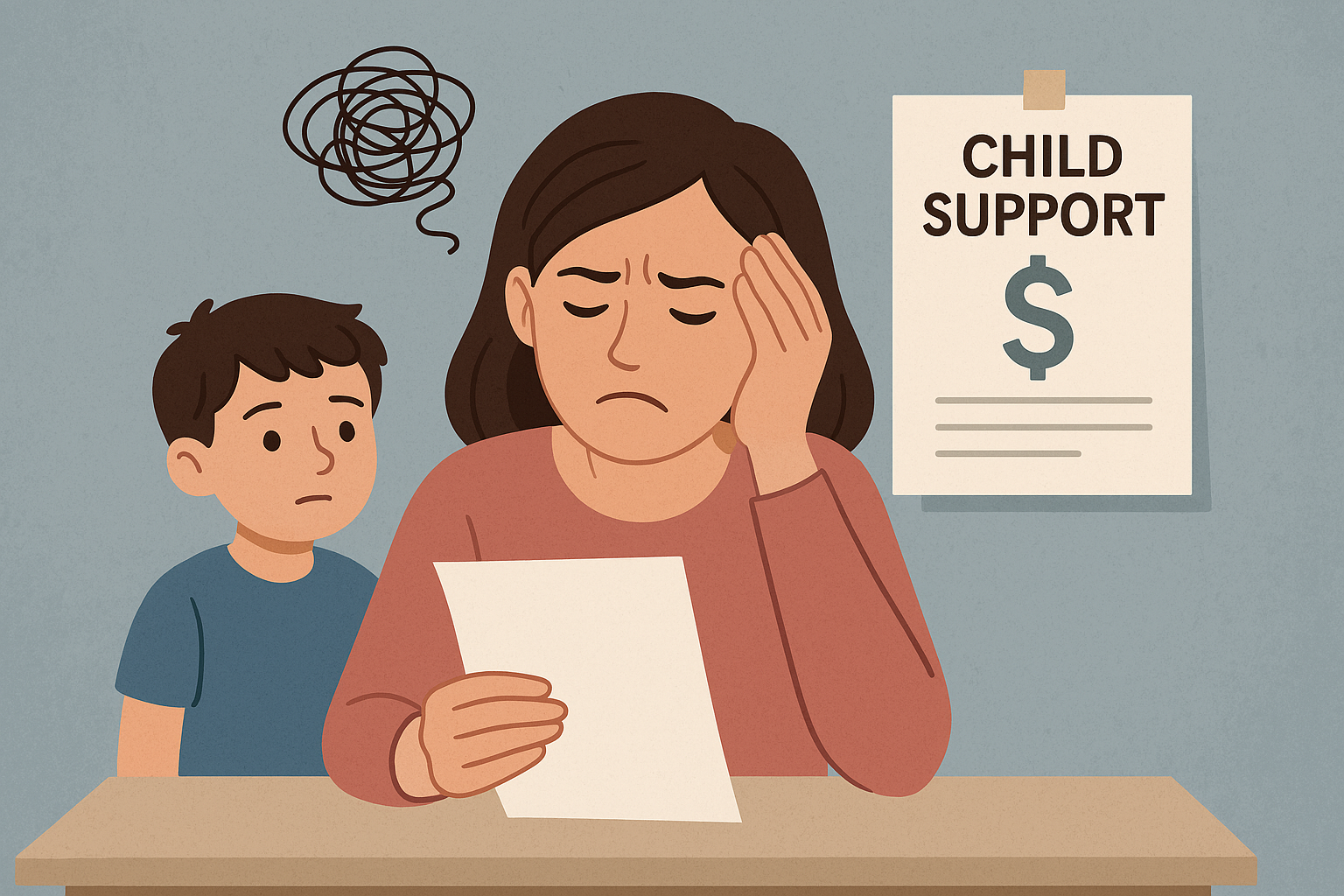 A woman stressed about child support, sitting with her child, holding paperwork. A sign reads 