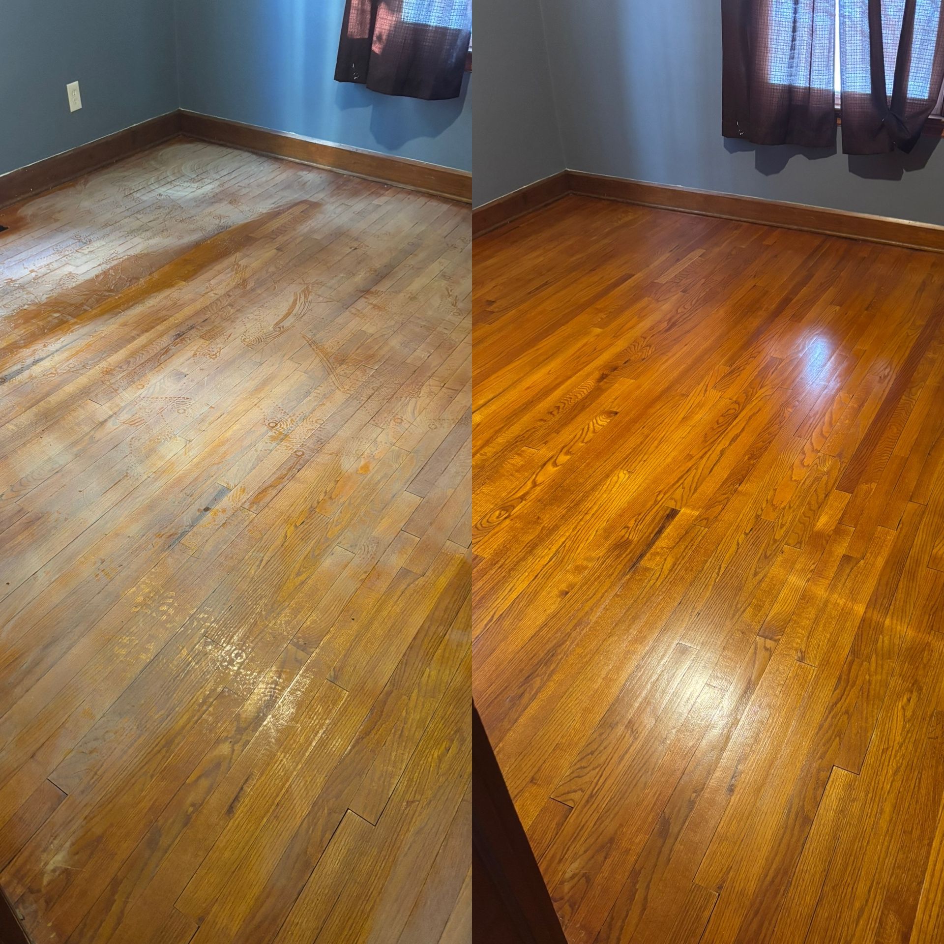 Comparison of worn wooden floor (left) and refinished wooden floor (right), showing a significant improvement.