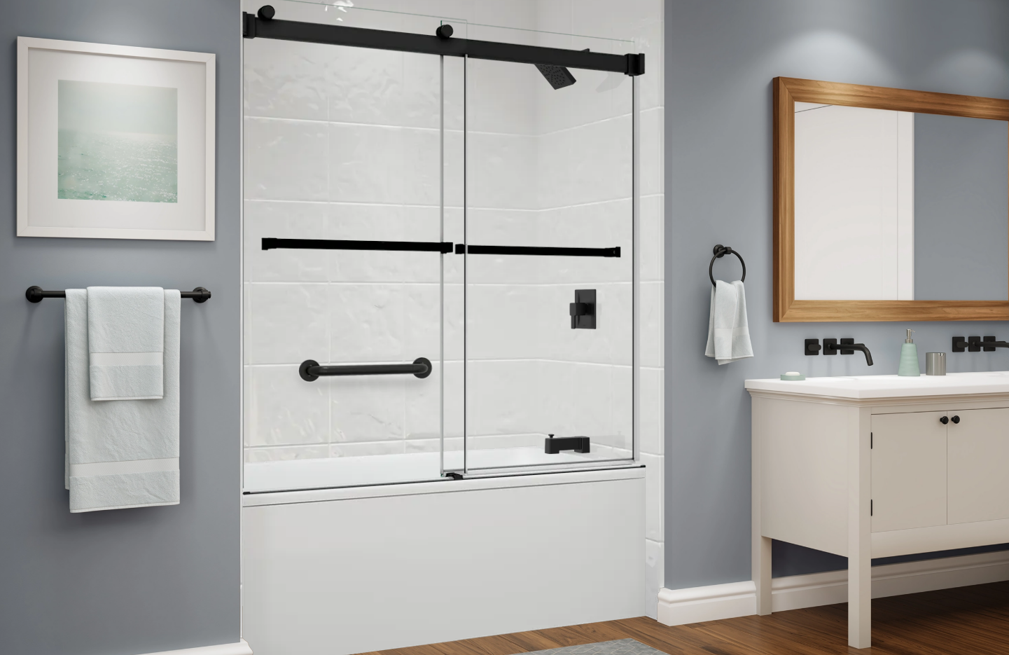 Modern bathroom with black vanity