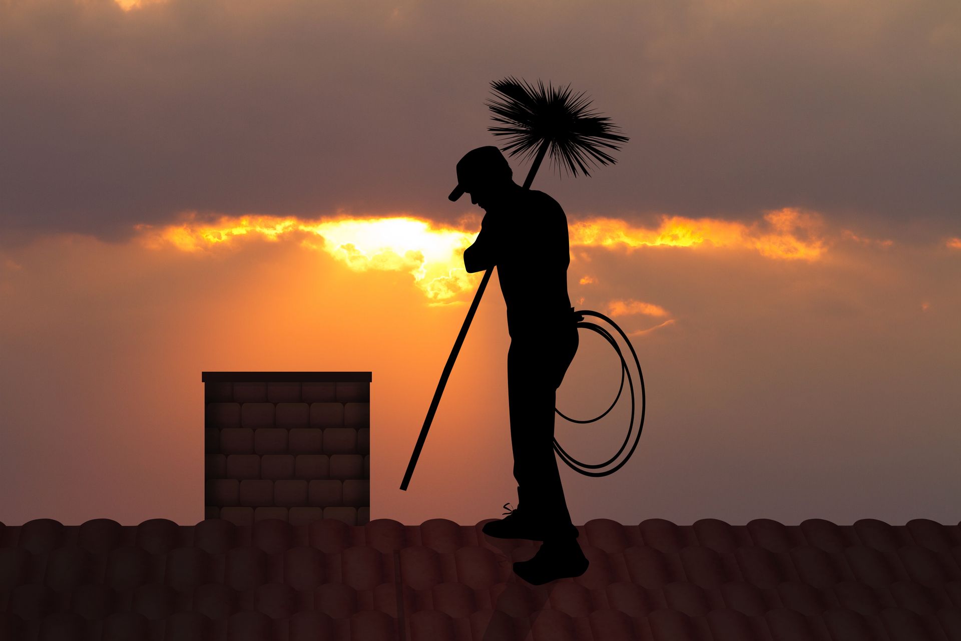 Silhouette of a chimney sweep with brush and rope on a roof at sunset.