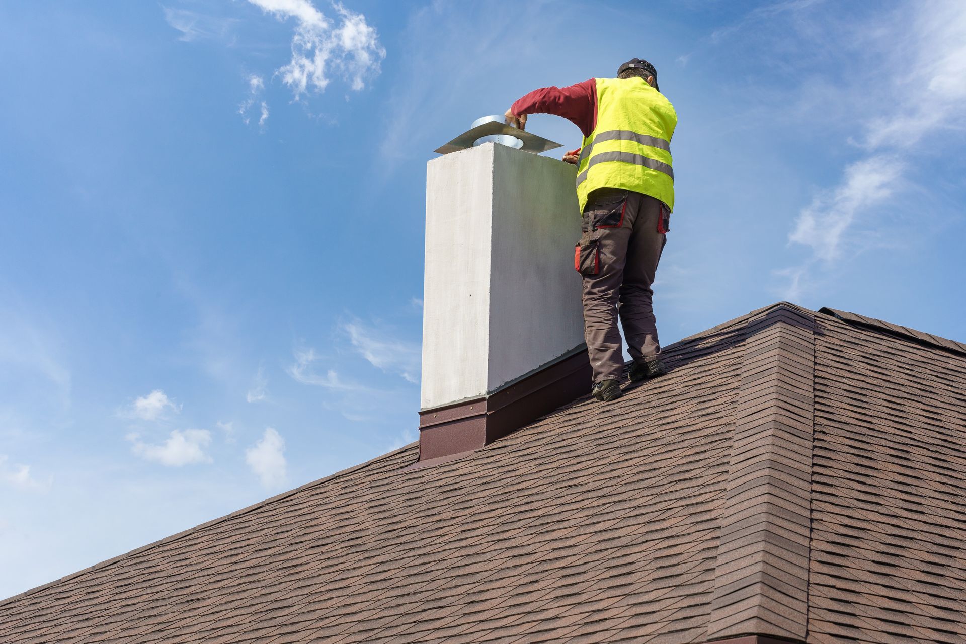 Roofer in safety vest on roof, working on a chimney under a blue sky.