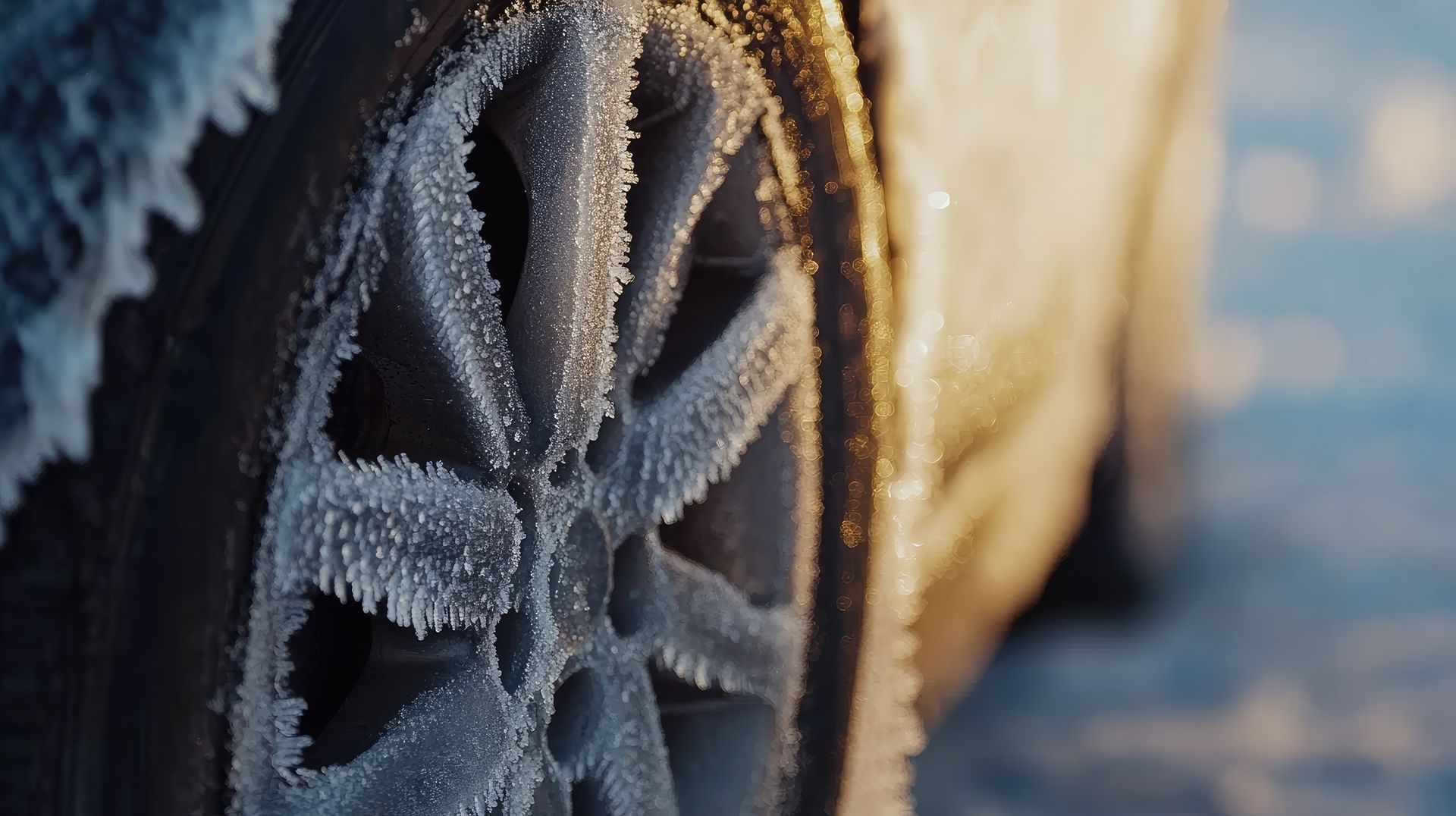 Frosted car wheel and tire in the sunlight, covered in ice crystals.
