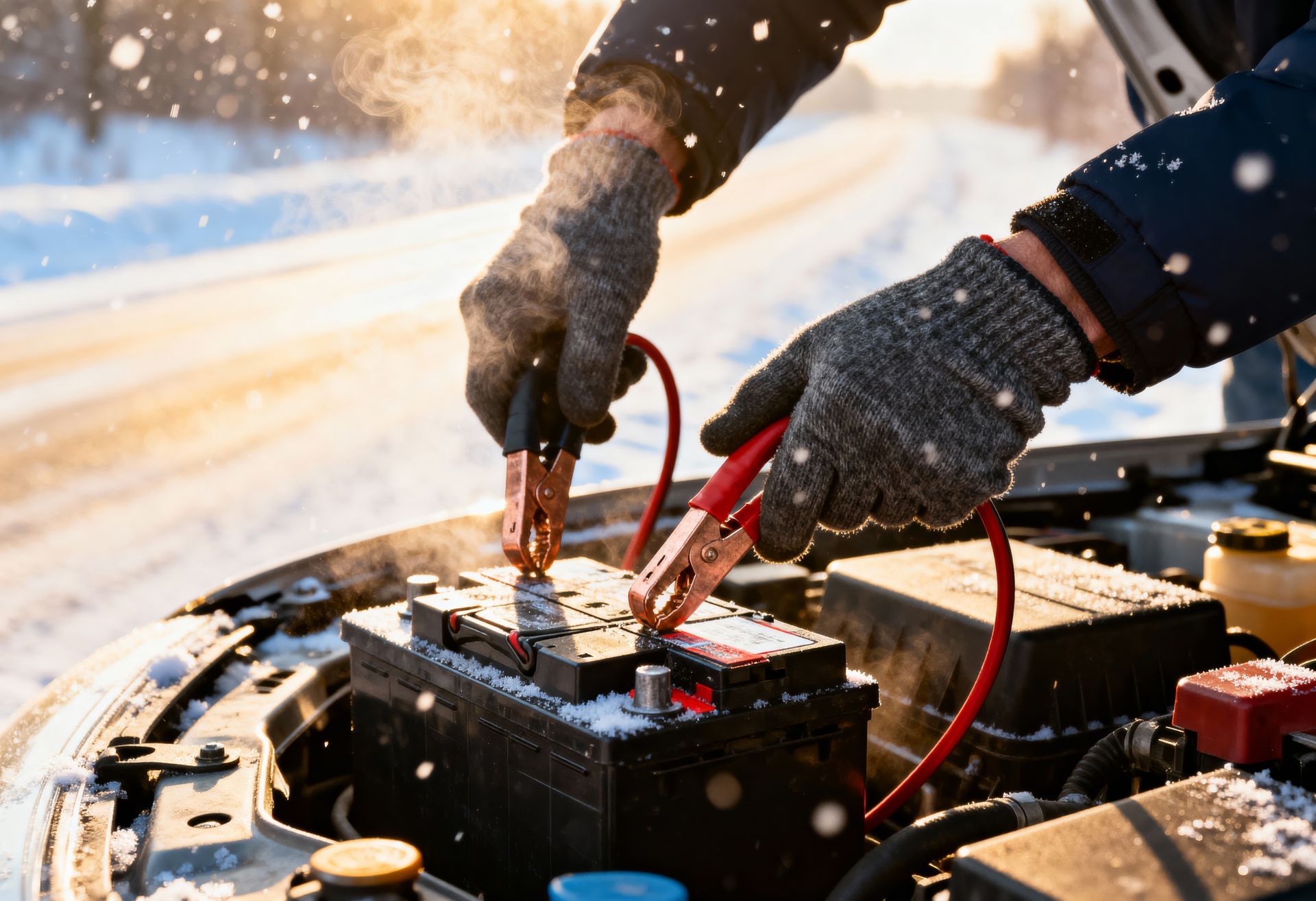Frosted car wheel and tire in the sunlight, covered in ice crystals. A person wearing gloves uses jumper cables to jump-start a car battery on a snowy, cold winter day.