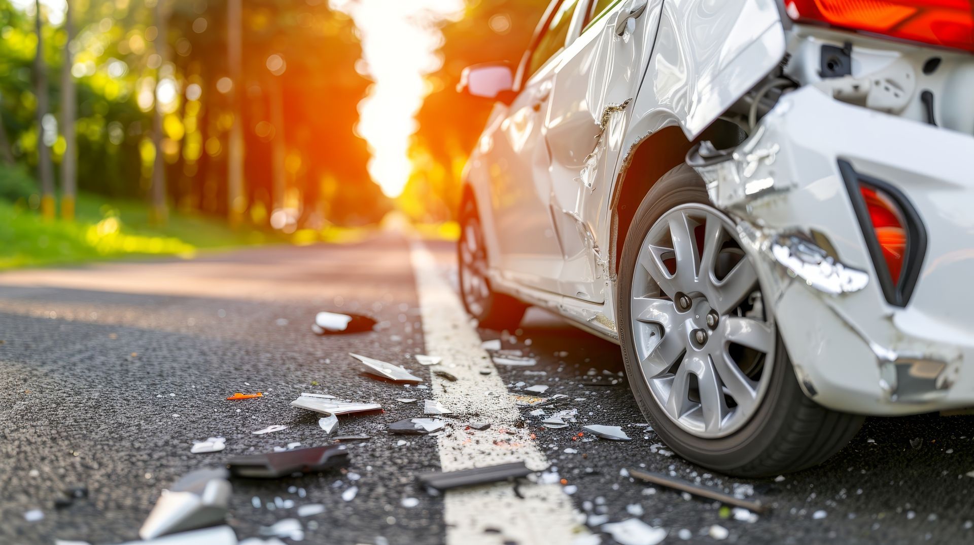 Blue SUV splashes through a muddy puddle on a forest trail, trees in the background. White car damaged in a rear-end collision on a sunlit road; debris scattered on asphalt.