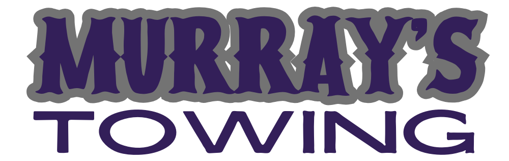 The logo for murray 's towing is purple and white.