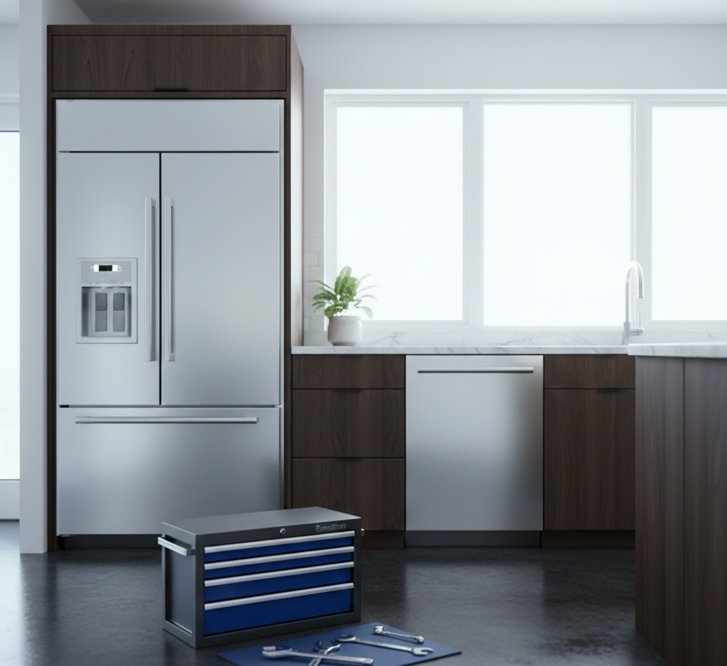 A kitchen with a stainless steel refrigerator, blue toolbox, and tools on the floor.