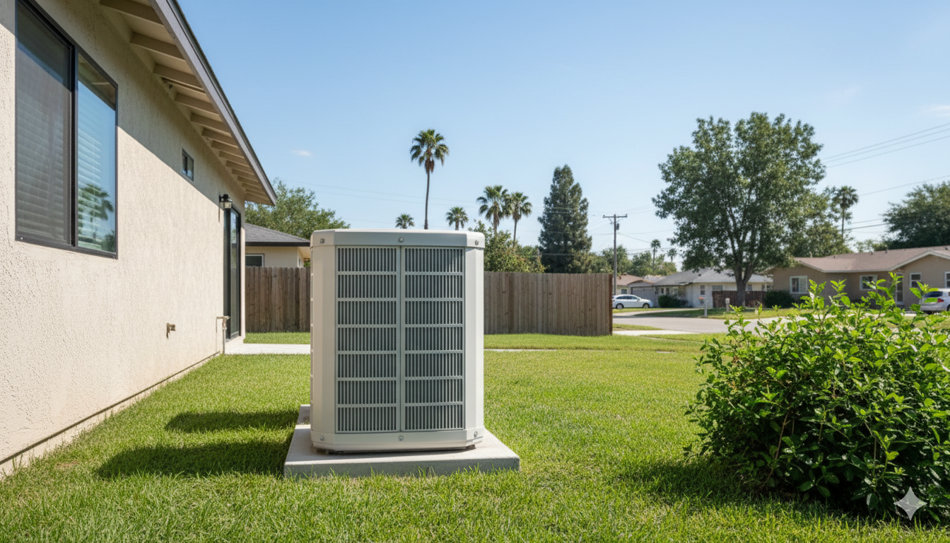 Air conditioning unit on a concrete pad in a grassy backyard, beige house, blue sky, and fence in the background.