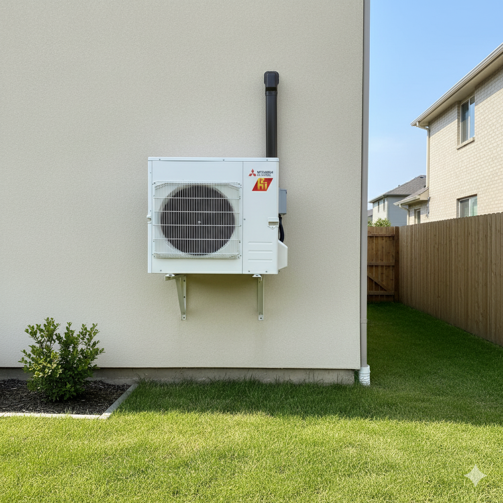 White heat pump unit mounted on the exterior of a beige house with a black exhaust pipe.