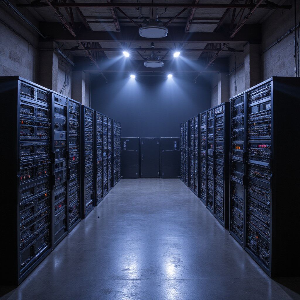 Server room with rows of dark server racks, lit by overhead spotlights.