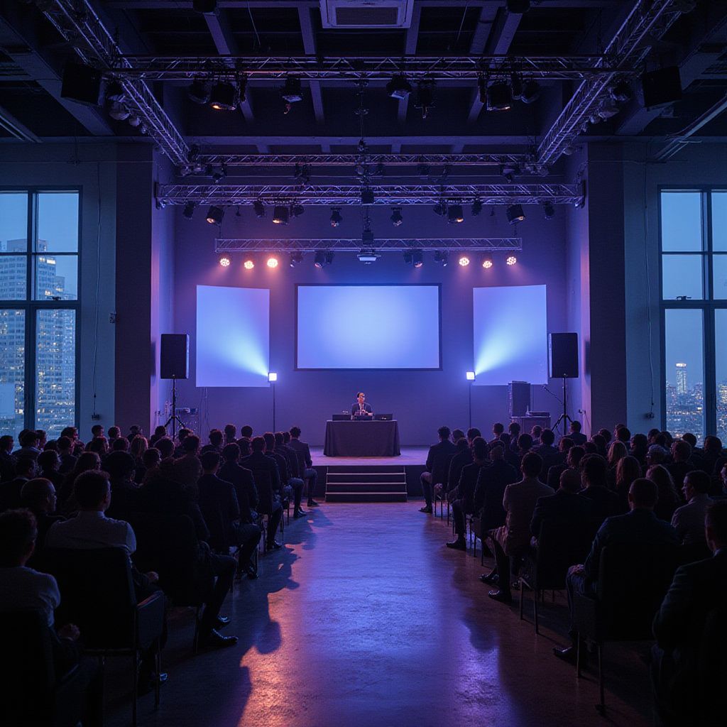 Audience seated, facing stage with screens, lights, and a presenter in a modern venue with city views.