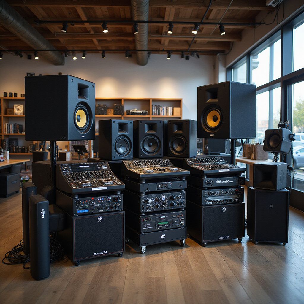 Audio equipment display in a store, featuring black speakers, mixers, and amplifiers on stands and racks.