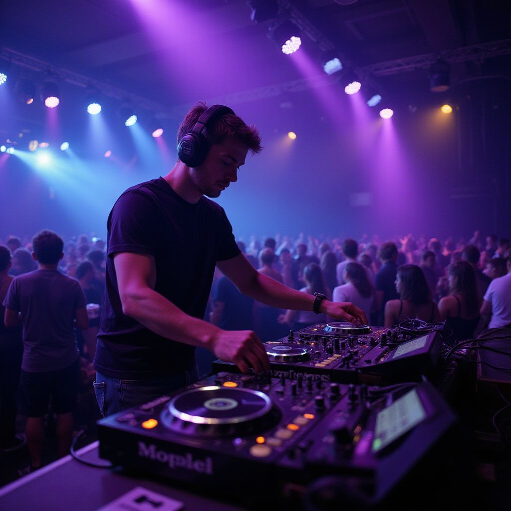 DJ at a nightclub, mixing music with turntables. Purple lights illuminate the crowd dancing in the background.