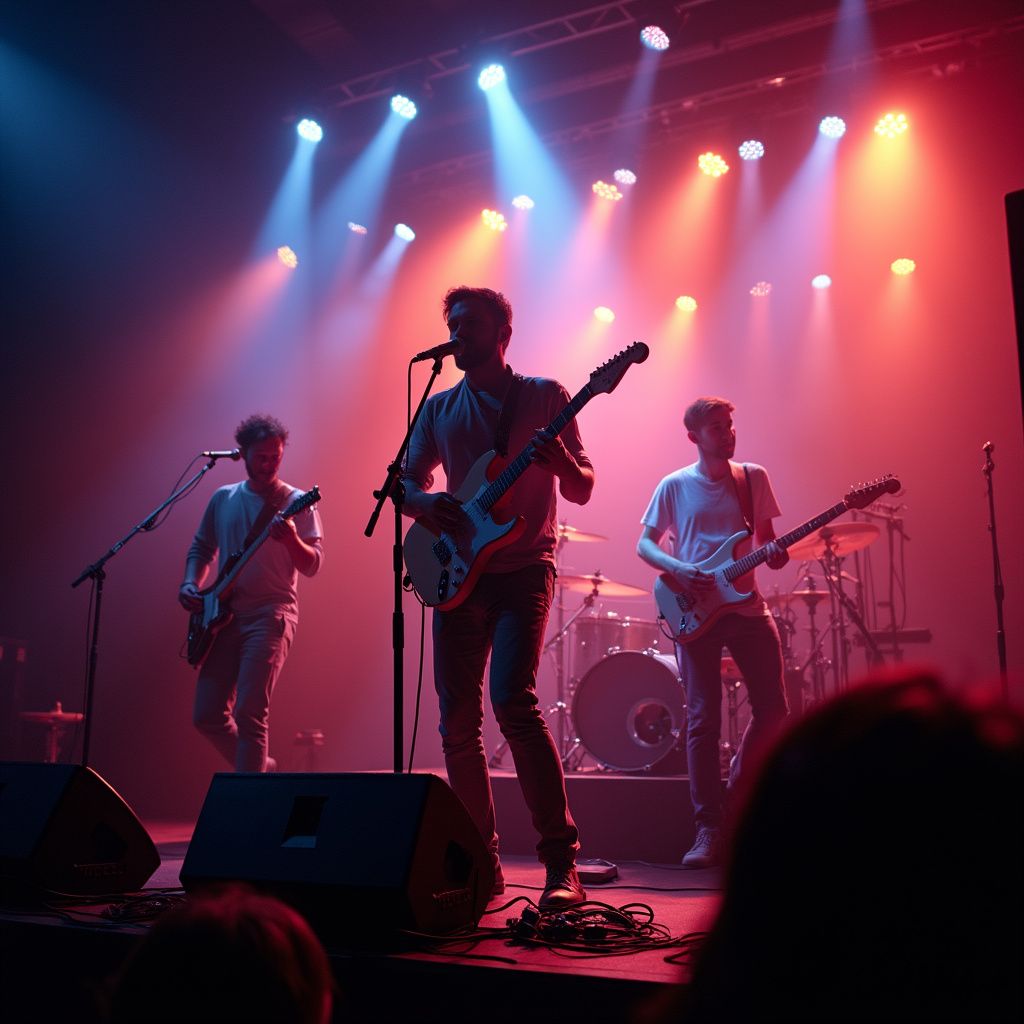 Band performing on stage, bathed in red and blue stage lights. Musicians playing instruments, one singing into a mic.