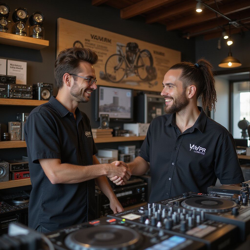 Two men shaking hands over a DJ setup in a store. Both are smiling, wearing black shirts.