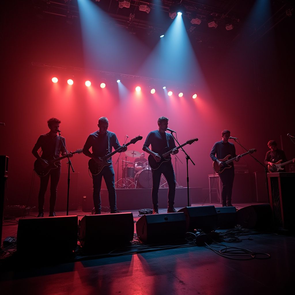 Band performing on stage, bathed in red and blue stage lights. Guitars, drums, and amplifiers are visible.