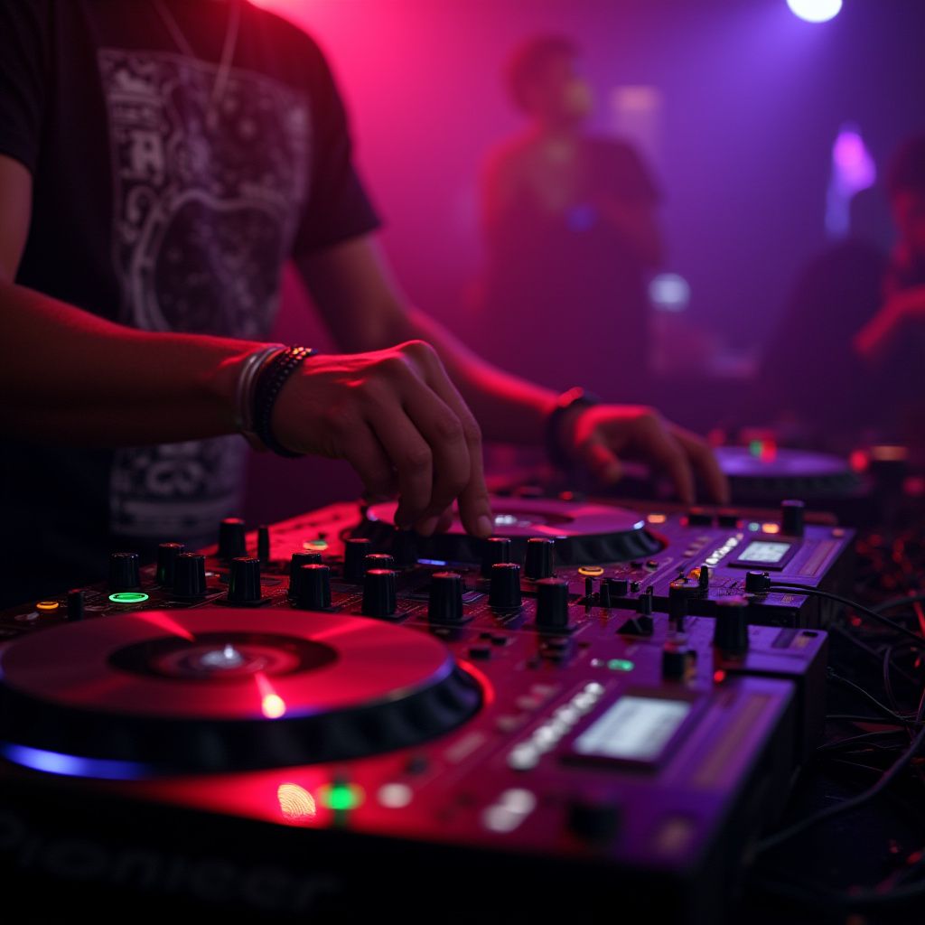 DJ at a nightclub, illuminated by red and purple lights, using a mixer and turntables.