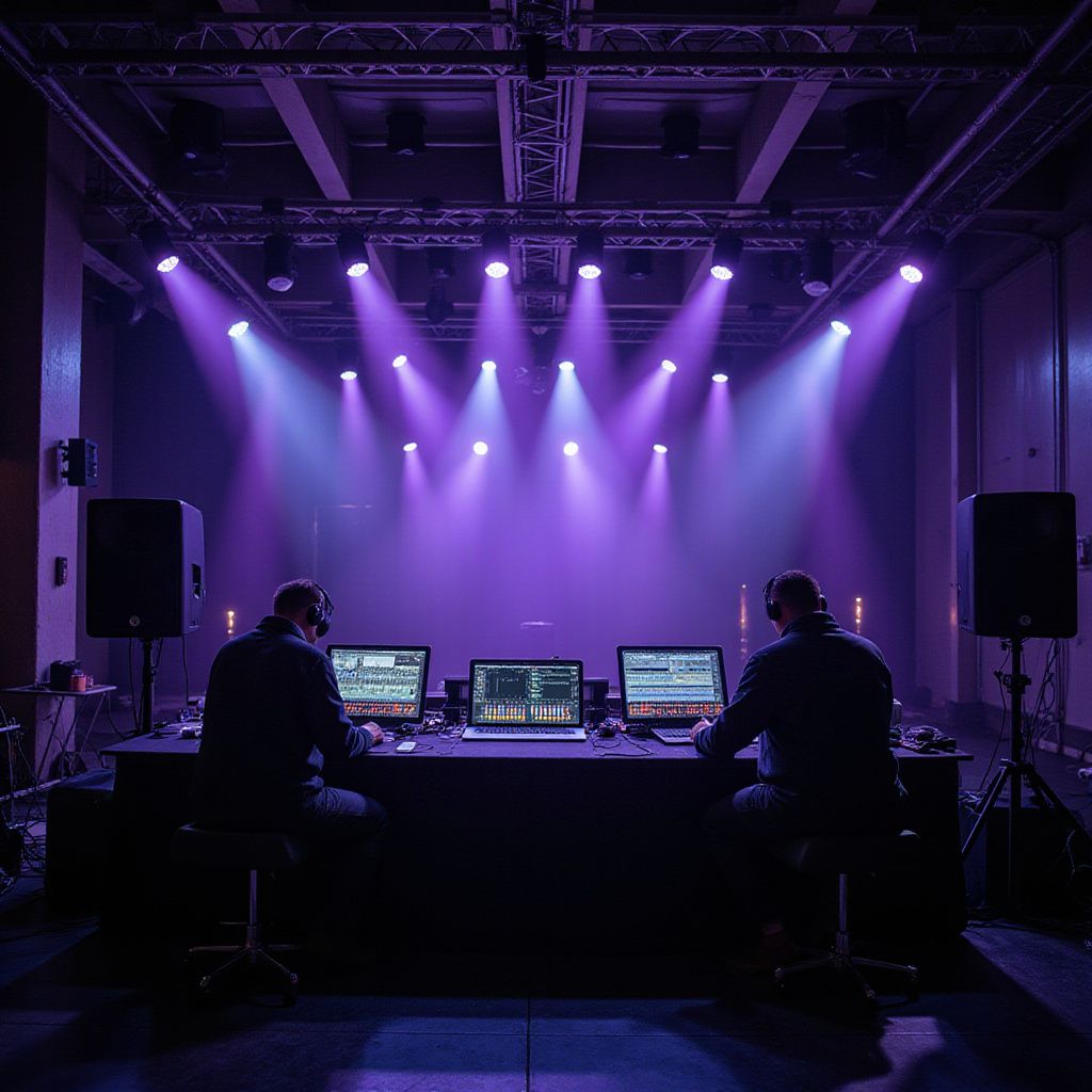 Two people at soundboards facing a stage lit with purple lights.