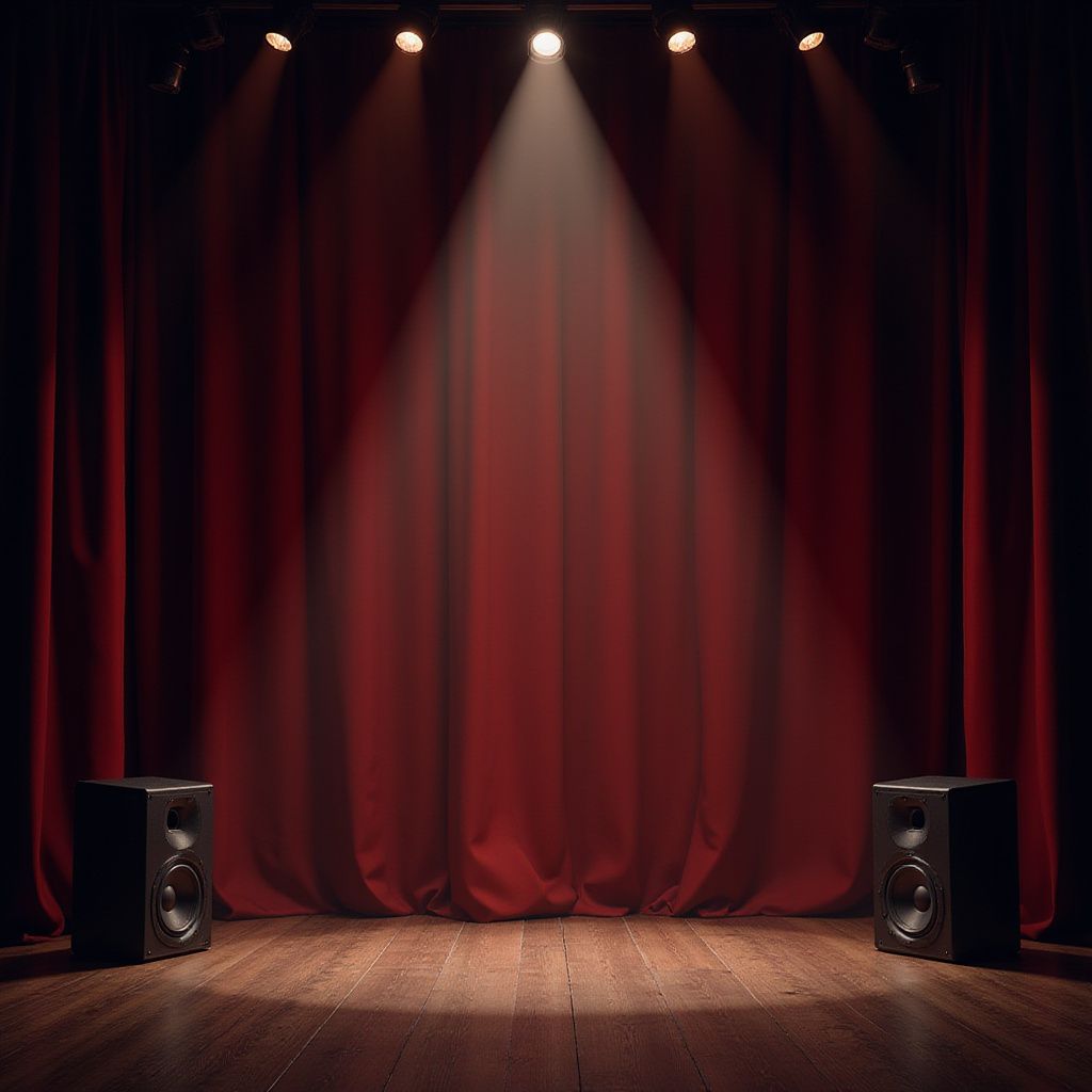 Stage with red curtains, wooden floor, and a spotlight. Two speakers flank the stage.