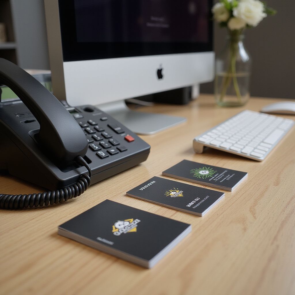 Desk with phone, Apple computer, keyboard, business cards, and a small flower bouquet.