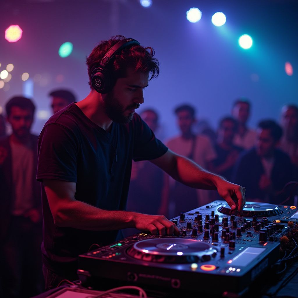 DJ mixing music at a nightclub, lit by blue and red lights. Crowd in the background.
