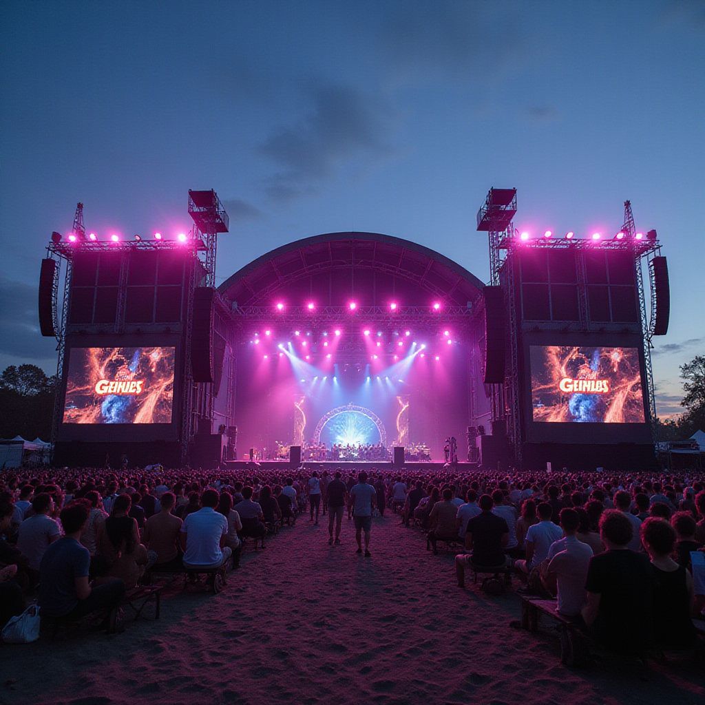 Concert stage at dusk, illuminated with pink lights, audience seated, large screens with band name 