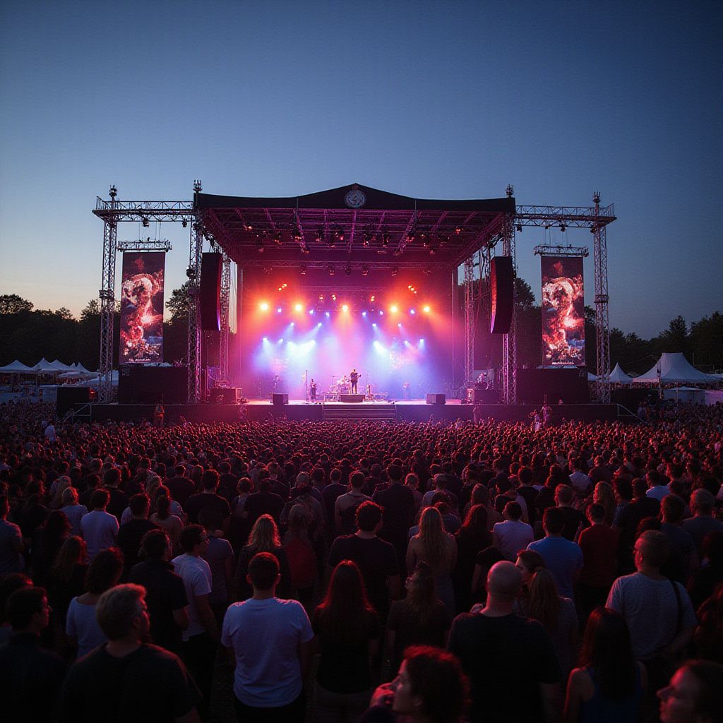 A large crowd watches a concert on a stage lit with colorful lights at dusk.
