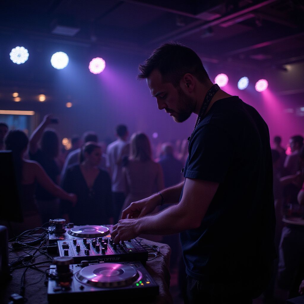 DJ at a party, operating equipment with purple and white stage lighting. People dance in the background.