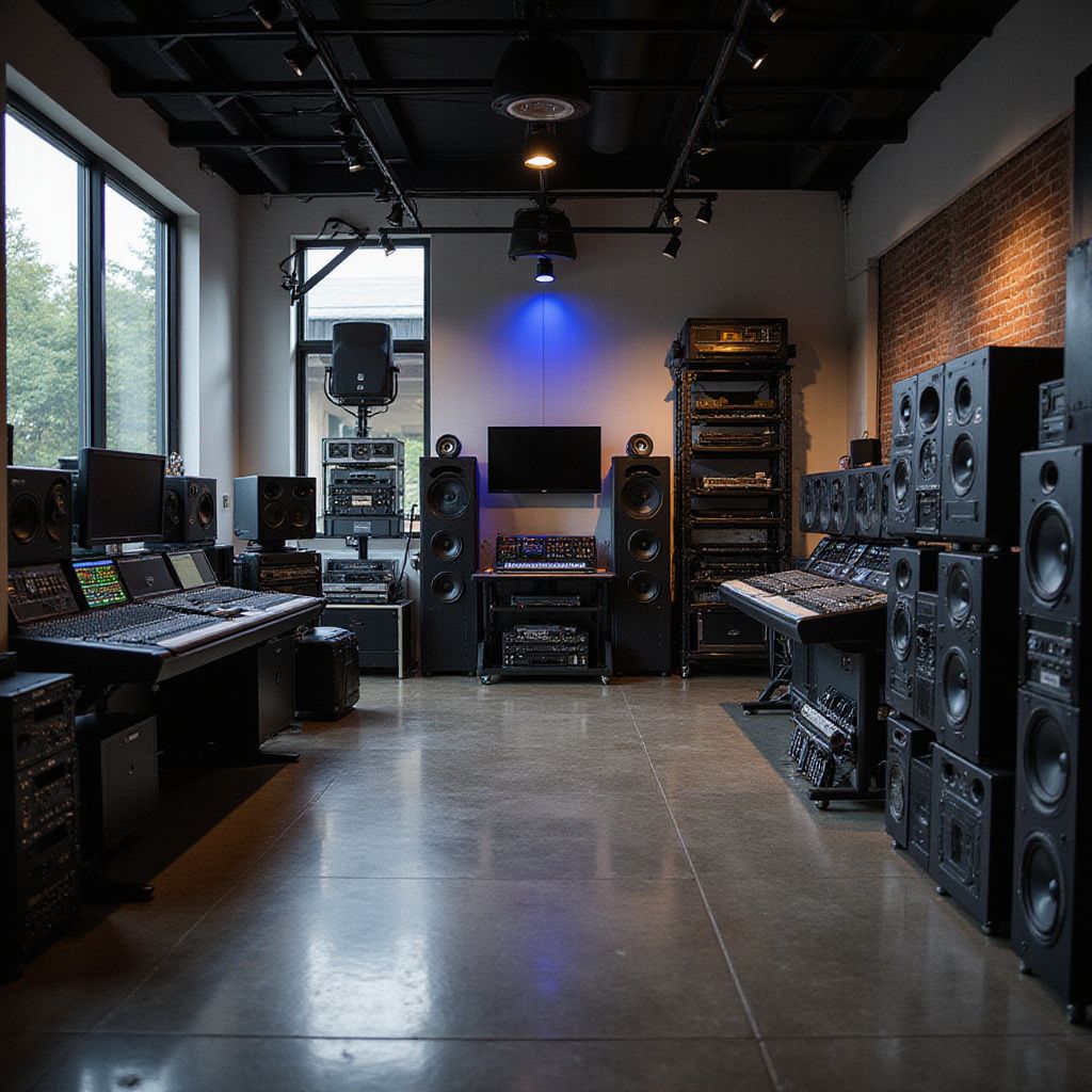 Audio equipment showroom with numerous speakers, recording gear, and mixing consoles.